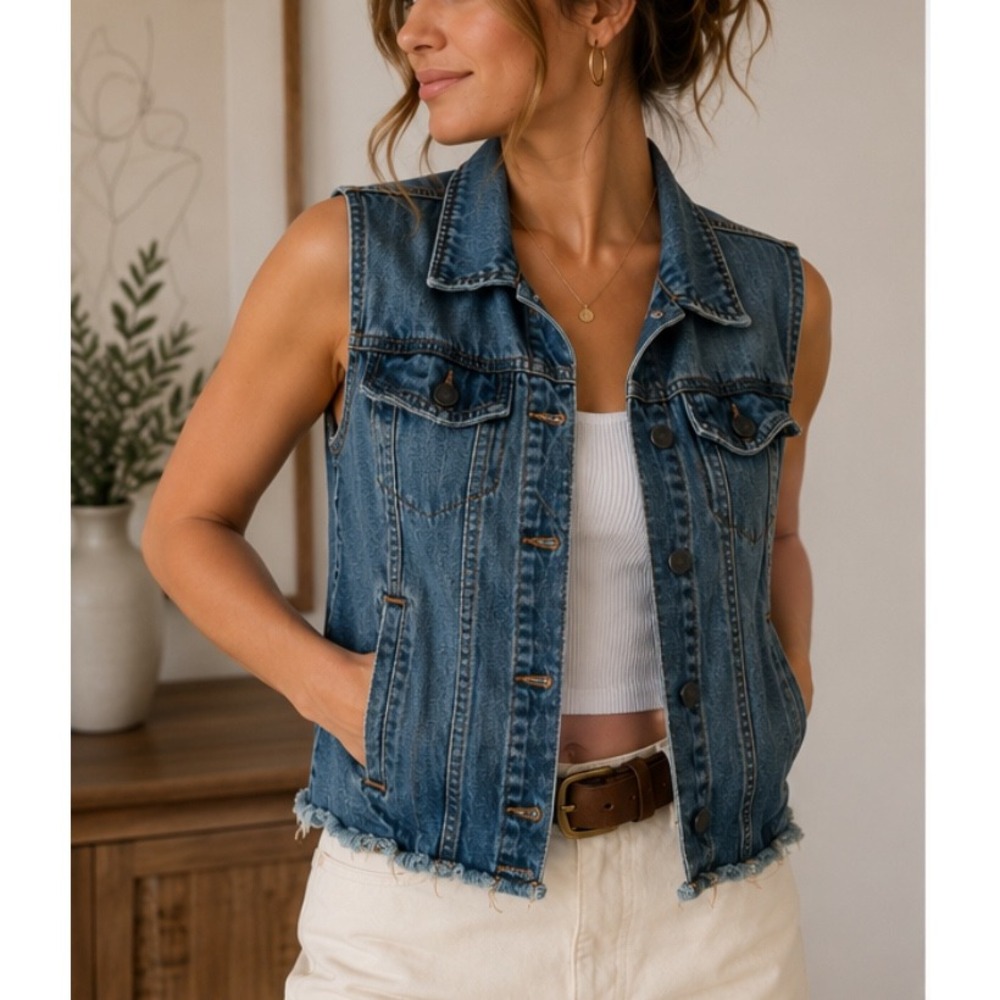 Mudd Womens Medium Wash Denim Vest Frayed Hem Button Front JM71Z008RW1 Size M